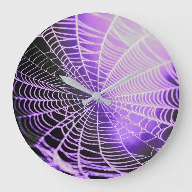 Purple Black Creepy Spooky Spider Web Large Clock (Front)