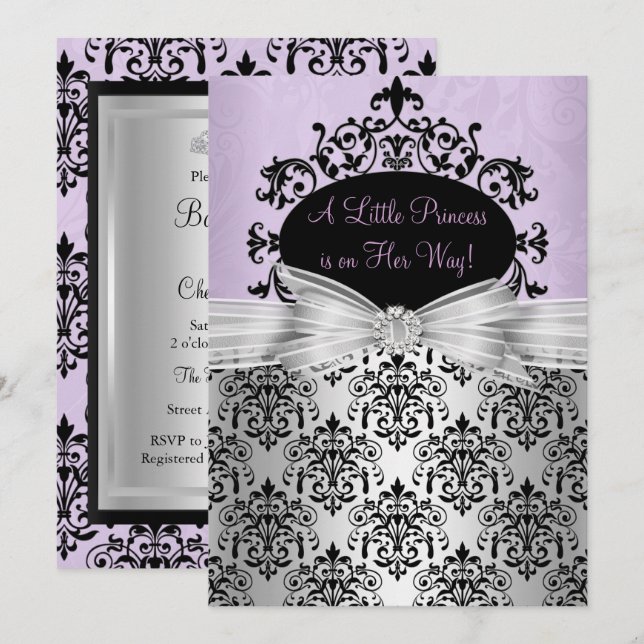 Purple Black Damask Baby Shower Invitation (Front/Back)