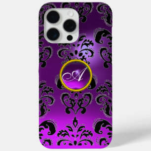 PURPLE BLACK DAMASK GEMSTONE MONOGRAM Floral iPhone 15 Pro Max Case