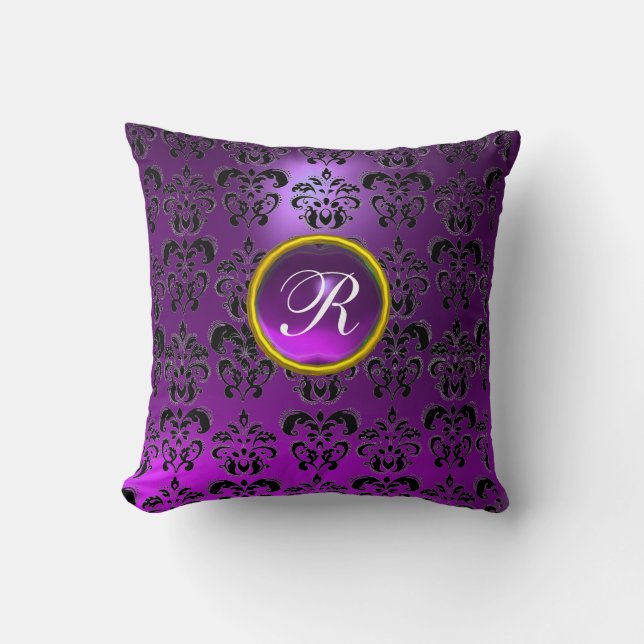 PURPLE BLACK DAMASK GEMSTONE MONOGRAM  THROW PILLOW (Front)