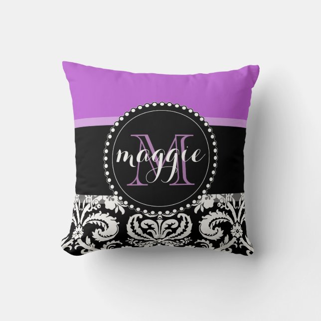 Purple Black Damask Girly Monogram Throw Pillow (Front)