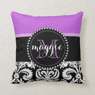 Purple Black Damask Girly Monogram Throw Pillow