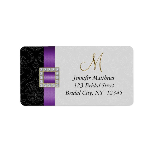Purple Black Damask Gold Initial Wedding RSVP Label (Front)