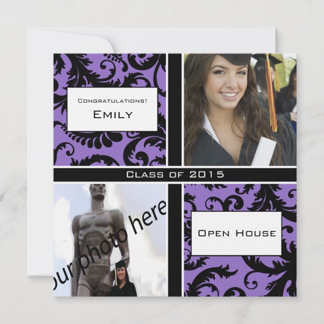 Purple & Black Damask  Graduation Invitation (Front)