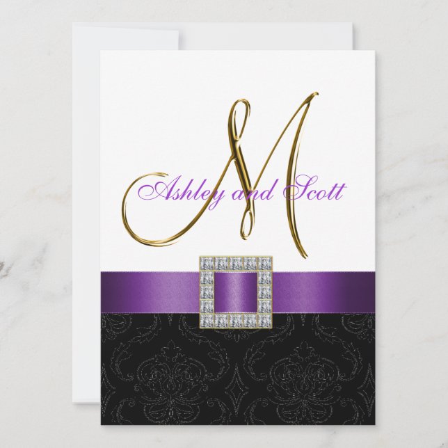 Purple Black Damask Initial Wedding Invite (Front)