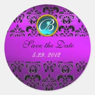 PURPLE  BLACK DAMASK MONOGRAM , blue turquase, Classic Round Sticker