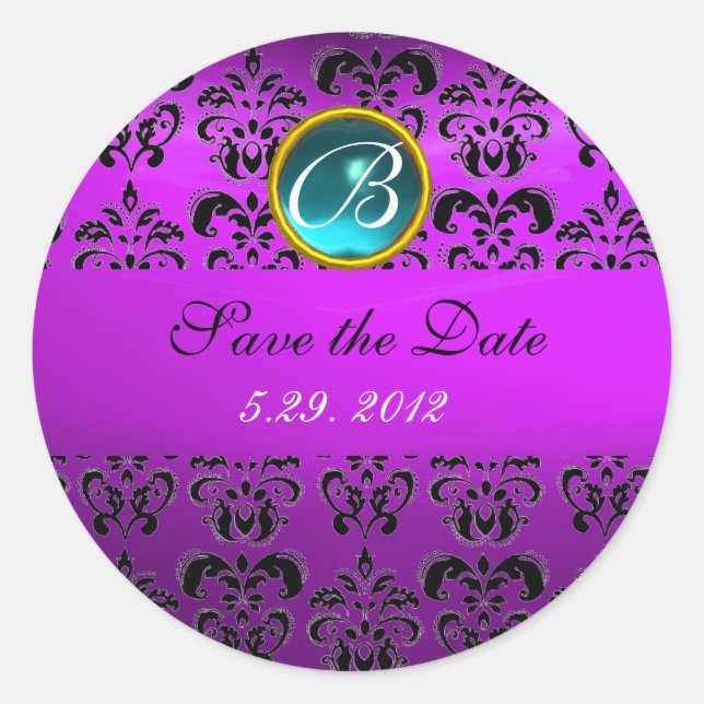 PURPLE  BLACK DAMASK MONOGRAM , blue turquase, Classic Round Sticker (Front)