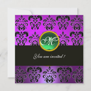 PURPLE BLACK DAMASK MONOGRAM,green emerald Invitation