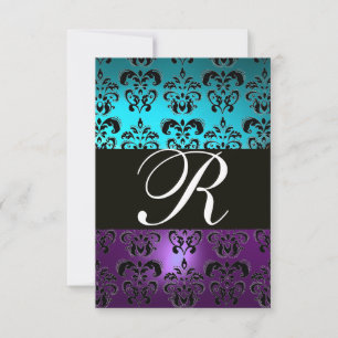 PURPLE BLACK DAMASK MONOGRAM RSVP ,blue turquase Card