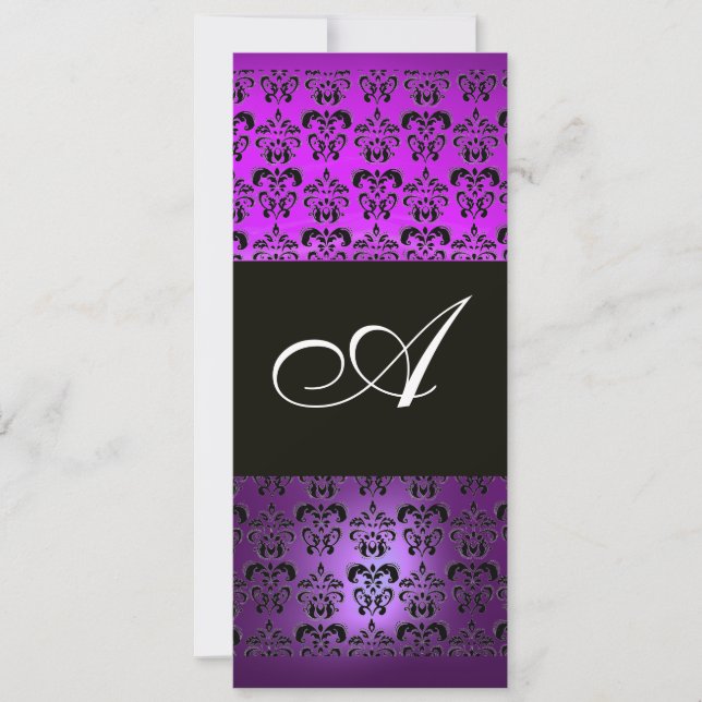 PURPLE BLACK  DAMASK MONOGRAM , white Invitation (Front)