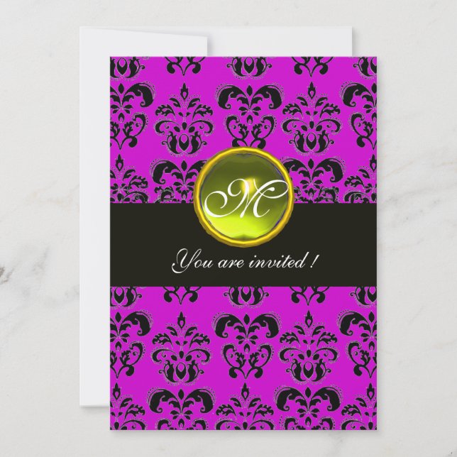 PURPLE BLACK  DAMASK MONOGRAM, yellow topaz Invitation (Front)