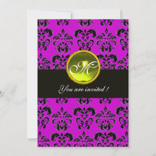 PURPLE BLACK  DAMASK MONOGRAM, yellow topaz Invitation