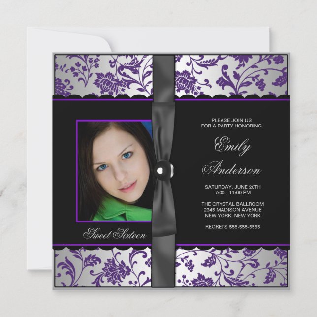 Purple Black Damask Photo Sweet 16 Party Invitation (Front)