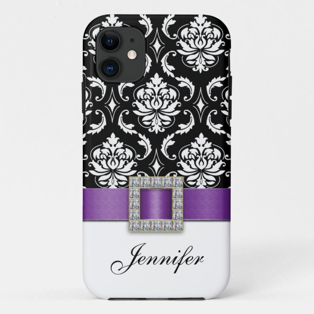 Purple Black Damask Printed Ribbon Jewel Case-Mate iPhone Case (Back)