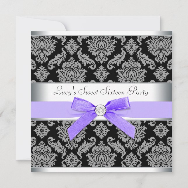 Purple Black Damask Sweet 16 Birthday Party Invitation (Front)