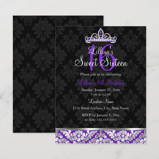 Purple Black Damask Tiara Sweet 16 Invite (Front/Back)