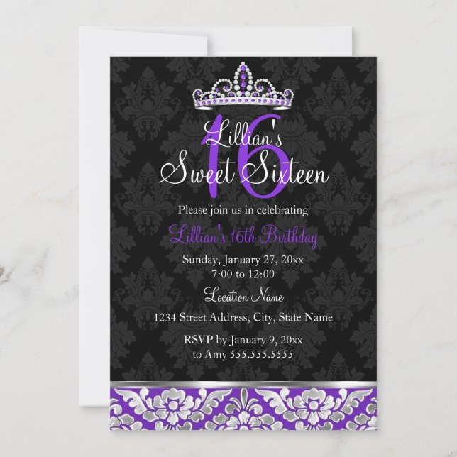 Purple Black Damask & Tiara Sweet 16 Invite (Front)