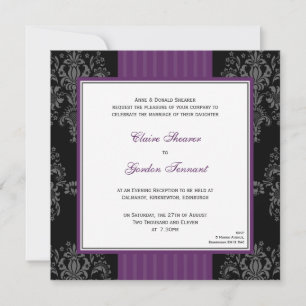 Purple & Black Damask Wedding Invitation