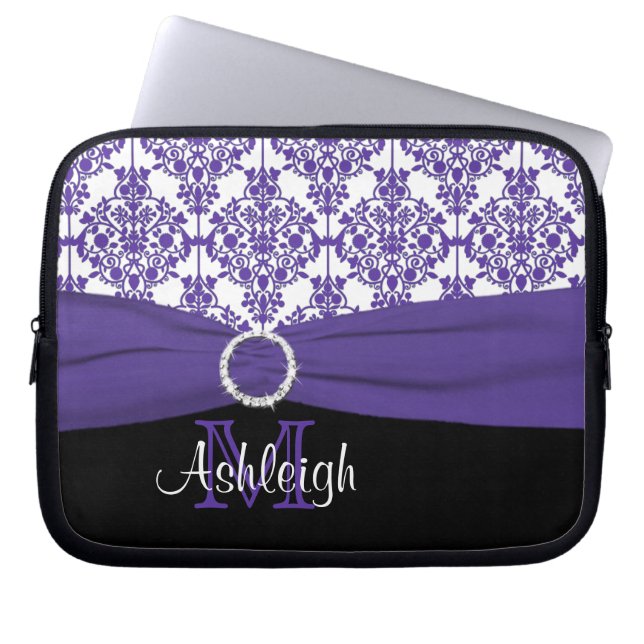 Purple Black Damask with FAUX Ribbon Laptop Sleeve (Front)