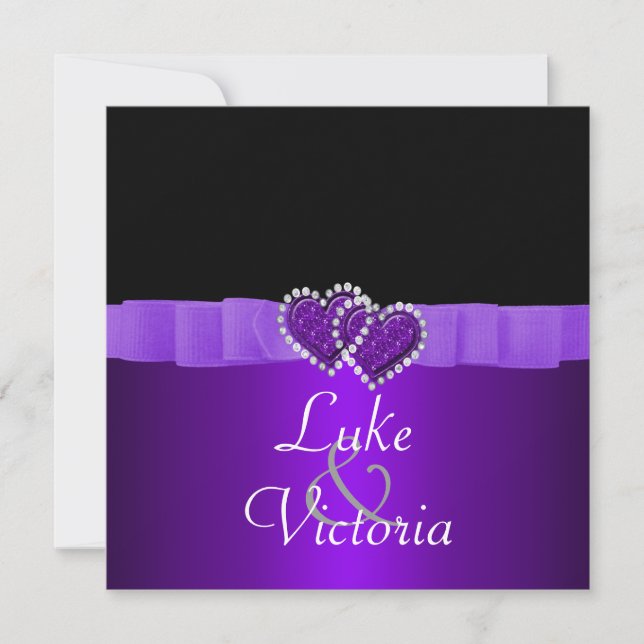 Purple & Black Diamond Locking Hearts Wedding Invitation (Front)