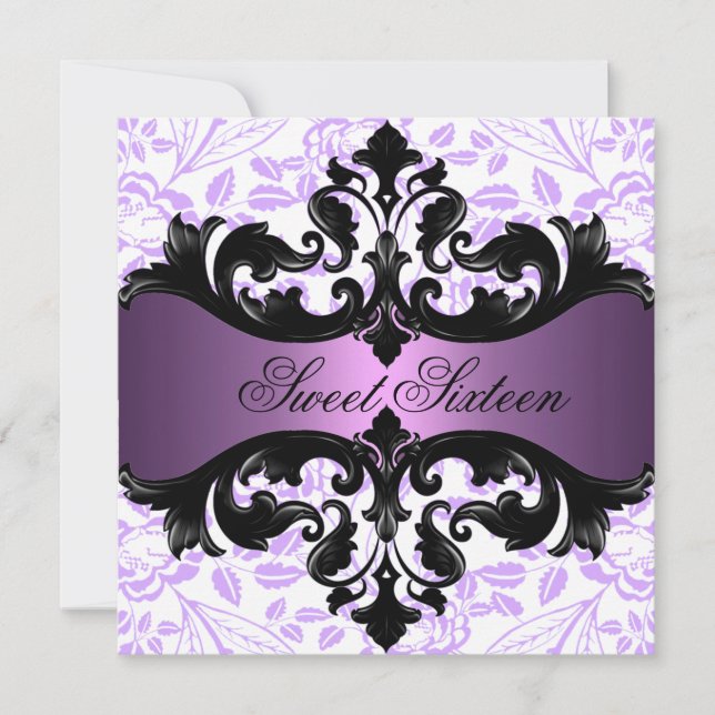 Purple & Black Floral Damask Birthday Invitation (Front)