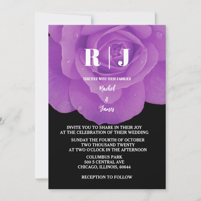 Purple Black Floral Monogram Rose Wedding Invitation (Front)