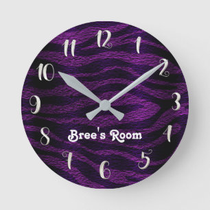 Purple & Black Funky Zebra Print Personalized Round Clock