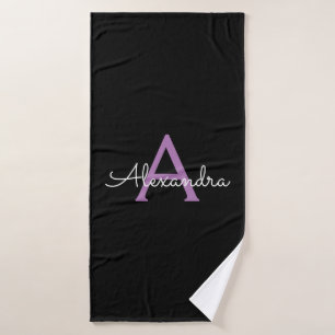 Purple Black Girly Script Monogram Name Bath Towel