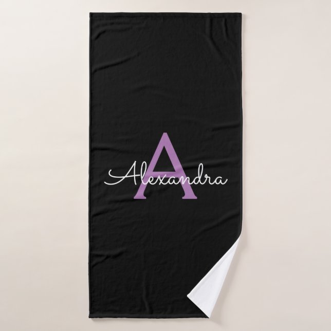Purple Black Girly Script Monogram Name Bath Towel (Bath Towel)
