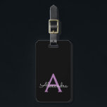 Purple Black Girly Script Monogram Name Modern Luggage Tag<br><div class="desc">Purple and Black Monogram Add Your Own Name Script Signature Pillow. The luggage bag tag makes the perfect sweet 16 birthday,  wedding,  bridal shower,  baby shower or bachelorette party gift for someone who loves a chic elegant and modern style.</div>