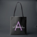 Purple Black Girly Script Monogram Name Modern Tote Bag<br><div class="desc">Black and Purple Elegant Add Your Own Name Monogram Book Bag. This Book Bag can be customized to include your initial and first name and given as a gift for Christmas,  Sweet 16 Birthday,  Bridal Shower or a Wedding.</div>