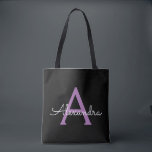 Purple Black Girly Script Monogram Name Modern Tote Bag<br><div class="desc">Black and Purple Elegant Add Your Own Name Monogram Book Bag. This Book Bag can be customized to include your initial and first name and given as a gift for Christmas,  Sweet 16 Birthday,  Bridal Shower or a Wedding.</div>