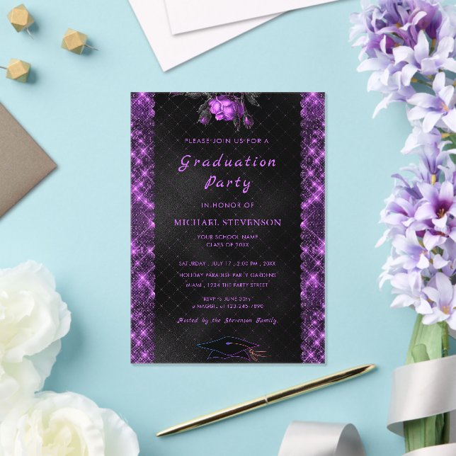 Purple Black Glitter Acrylic Graduation Invitation (Insitu (Wedding))