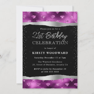 Purple & Black Glitter Diamonds 21st Birthday Invitation