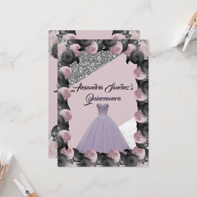 Purple & Black Glitter Floral Quinceanera Invitation (Front/Back In Situ)