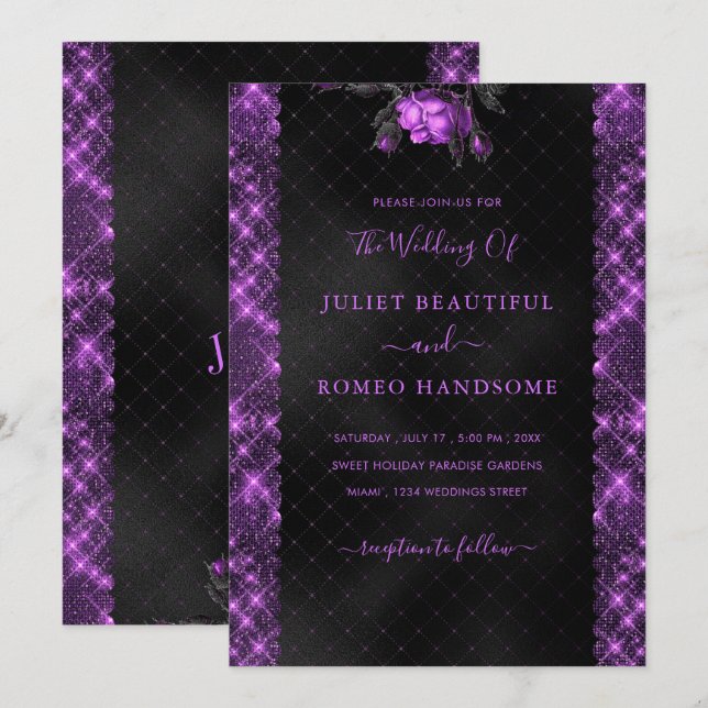 Purple Black Glitter Frame Wedding Invitation (Front/Back)
