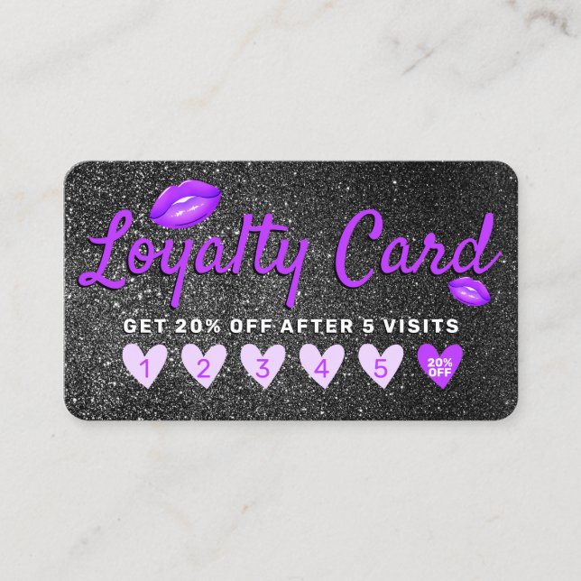Purple Black Glitter Lips Hearts Customer Discount Loyalty Card (Front)