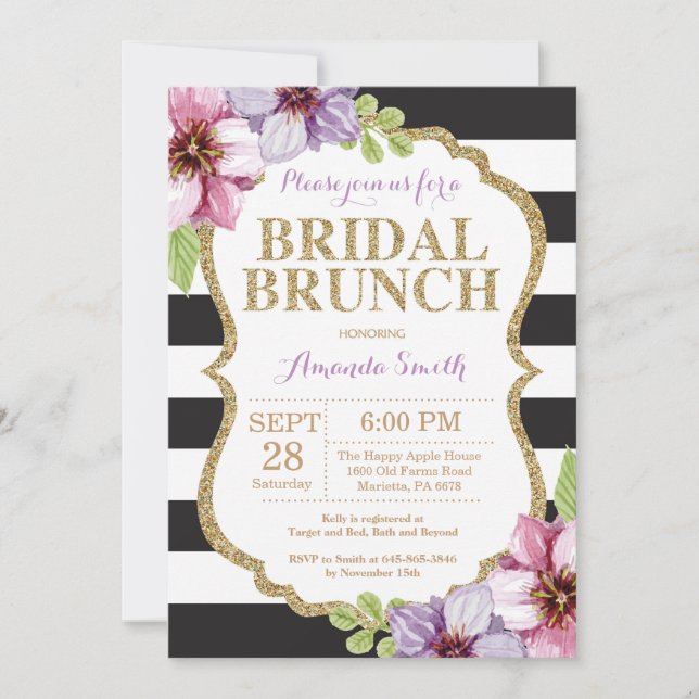 Purple Black Gold Bridal Brunch Invitation Floral (Front)