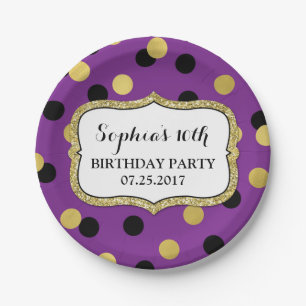 Purple Black Gold Confetti Birthday Party Plate