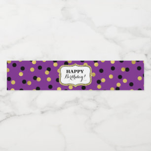 Purple Black Gold Confetti Happy Birthday! Water Bottle Label