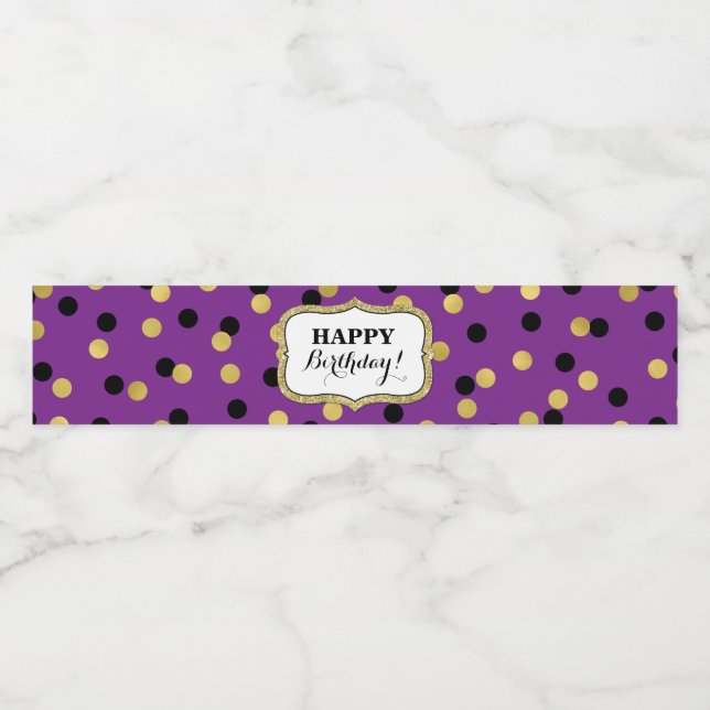 Purple Black Gold Confetti Happy Birthday! Water Bottle Label (Single Label)