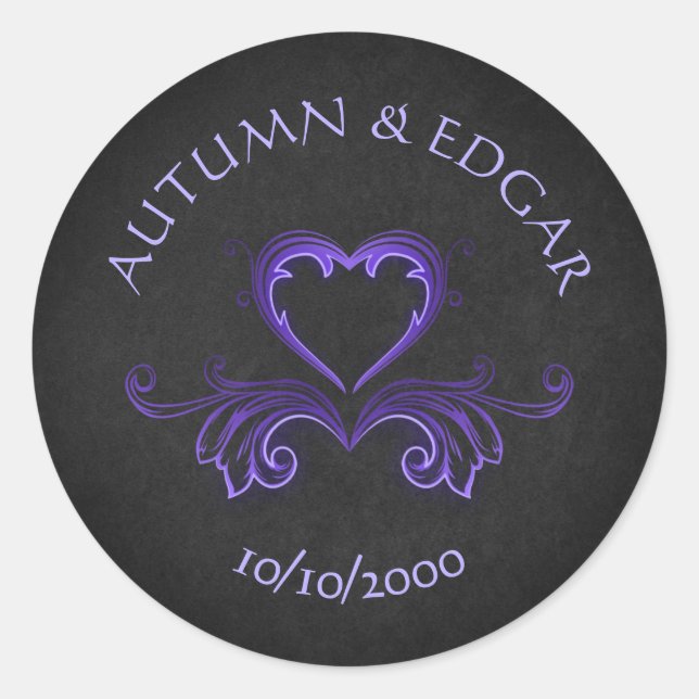 Purple Black Gothic Wedding Classic Round Sticker (Front)