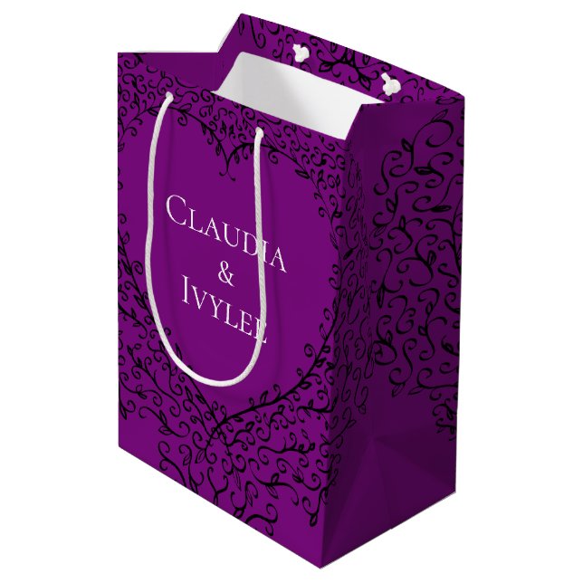 Purple & Black Gothic Wedding Heart Medium Gift Bag (Back Angled)