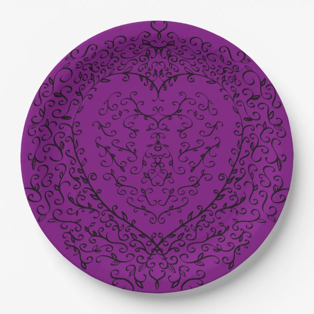 Purple & Black Gothic Wedding Heart Paper Plate (Front)