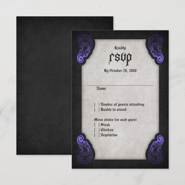 Purple Black Gothic Wedding RSVP Card (Front/Back)