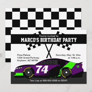 Purple Black Green White Race Car Birthday Party Card