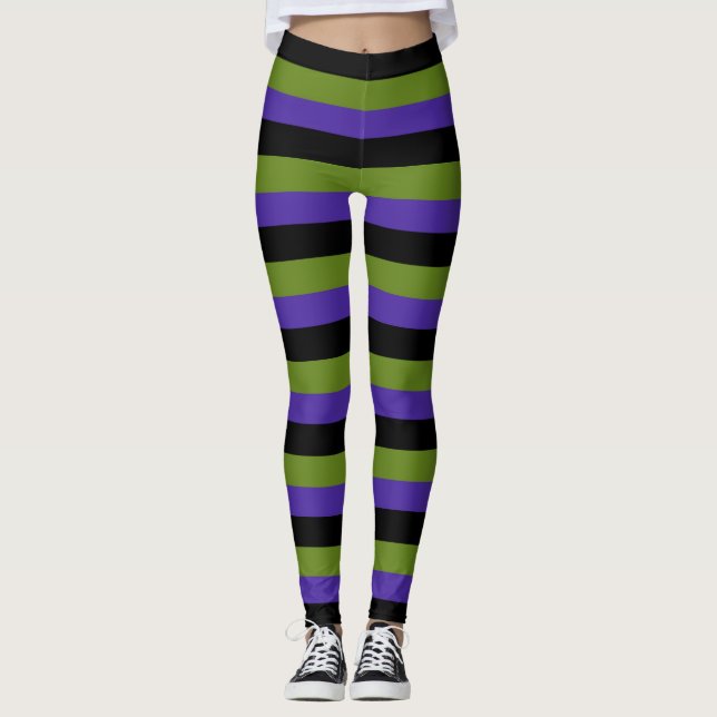 Purple Black Green Witchy Stripes Halloween Leggings (Front)