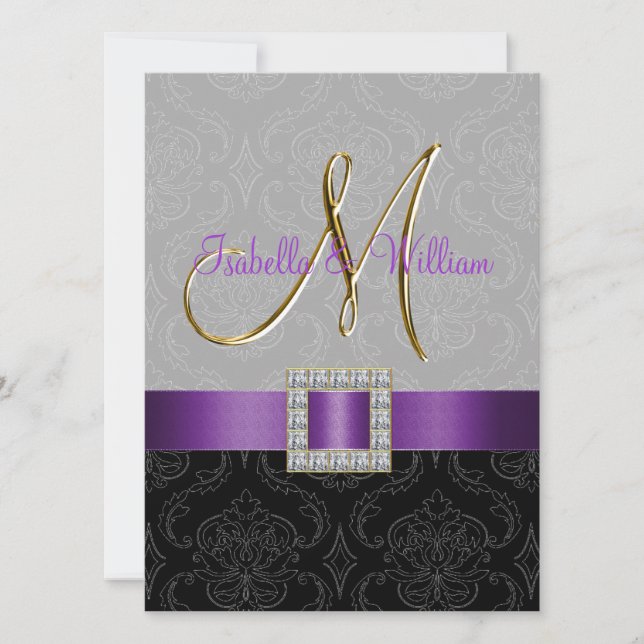 Purple Black Grey Damask Initial Wedding Invite (Front)
