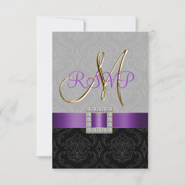 Purple Black Grey Damask Or Mariage initial RSVP (Devant)