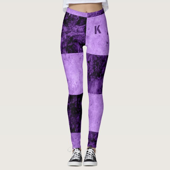 Purple Black Grunge Tiles Monogram Personalized Leggings (Front)